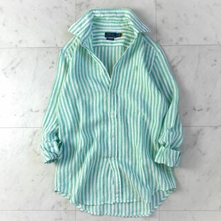 美品 ポロラルフローレン リネン ストライプ 長袖シャツ ホース刺繍 緑×白