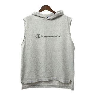 チャンピオン(Champion)の90年代 USA製 Champion チャンピオン ノースリーブ パーカー ロゴ ライトグレー (メンズ LARGE) 中古 古着 Q8031(ベスト)