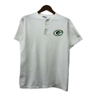 90年代 USA製 NFL グリーンベイ・パッカーズ ヘンリーネック 半袖Ｔシャツ プロチーム ワンポイント ホワイト (メンズ L) 中古 古着 Q8033(Tシャツ/カットソー(半袖/袖なし))