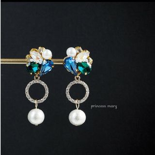 8mmコットン&ラウンドストーン♡blue drop bijouピアス(ピアス)