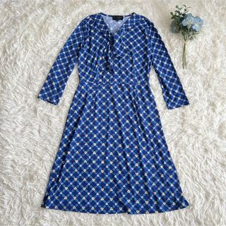 TALBOTS ボウタイ小花柄ワンピース　ブルー　ストレッチ　Sサイズ