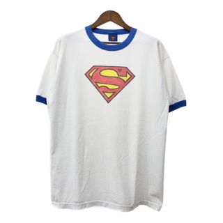 SUPERMAN スーパーマン リンガーＴシャツ アニメT ムービーT ロゴ ホワイト (メンズ XL相当) 中古 古着 Q8048(Tシャツ/カットソー(半袖/袖なし))