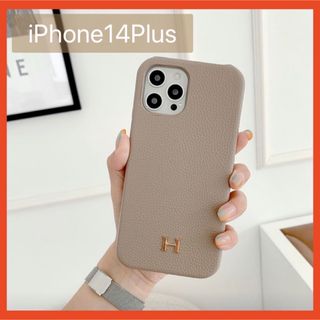 iPhone14 Plus iPhoneケース　レザー　ベージュ　Hロゴ　韓国(iPhoneケース)