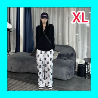 レディース パンツ ベアー プリント 白 XL ゆったり くまさん(その他)