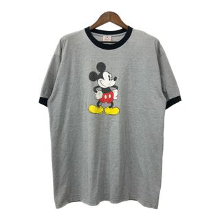 ディズニー(Disney)のDisney ディズニー ミッキーマウス リンガーＴシャツ キャラクター グレー (メンズ XL) 中古 古着 Q8117(Tシャツ/カットソー(半袖/袖なし))