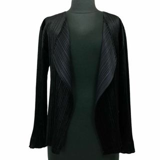 プリーツプリーズイッセイミヤケ(PLEATS PLEASE ISSEY MIYAKE)の1-2716 美品 プリーツプリーズ 長袖 カーディガン 黒 ベロア生地(カーディガン)