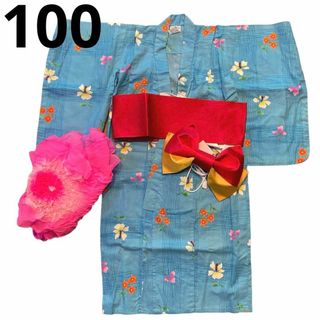 美品　浴衣セット　帯　リボン　水色　女の子　花柄　100 簡単(その他)