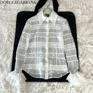 DOLCE&GABBANA レースボーダー 刺繍ブラウス 袖フリル ホワイト(シャツ/ブラウス(長袖/七分))