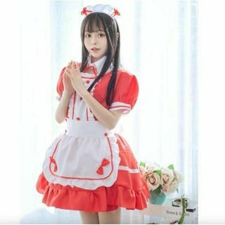 4点セット☆メイド服 赤 M コスプレ ハロウィン　衣装 仮装 ゴスロリ(衣装)