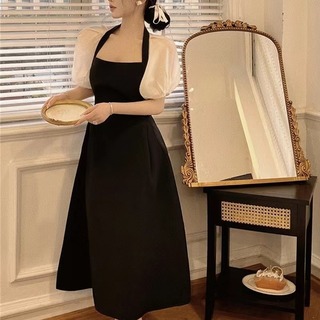 【売れてます】レディース　ドレス　ロングスカート　ブラック　韓国風　シンプル　黒(ミディアムドレス)