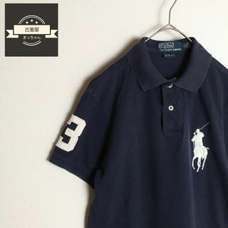 ポロ(POLO（RALPH LAUREN）)の【半袖ポロシャツ】ホースロゴ 刺繍デザイン Mサイズ 紺 ワントーン 古着(ポロシャツ)