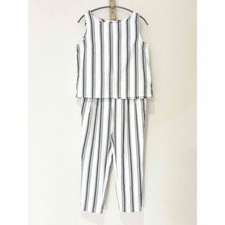 【美品】セットアップ ノースリーブ クロップドパンツ 白 ストライプ L 夏(カットソー(半袖/袖なし))