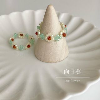 ビーズリング 向日葵 夏アクセサリー ひまわり ハンドメイド(リング)