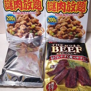 ニッシンショクヒン(日清食品)の日清・カップヌードル・謎肉放題・なぞにくだけ/厚切りビーフジャーキー　①(インスタント食品)