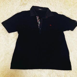 BURBERRY BLACK LABEL - バーバリーブラックレーベル ポロシャツ 半袖 黒 ホースロゴ刺繍 L相当