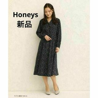 ハニーズ(HONEYS)の新品 ハニーズ 春夏ドレス オフィス デート 前開きワンピース 羽織り 黒色 M(ロングワンピース/マキシワンピース)