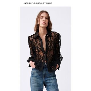 ザラ(ZARA)の完売美品ZARAリネンブレンドクロシェシャツMブラックZARAレースシャツ(シャツ/ブラウス(長袖/七分))