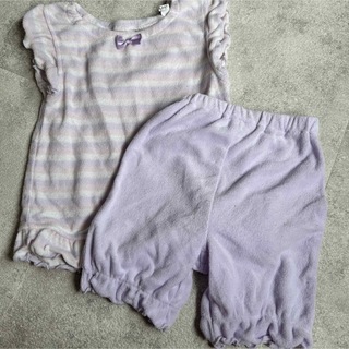 baiya80女の子春夏半袖半ズボンパジャマ寝巻き紫ボーダーフリルタオルリボン(パジャマ)