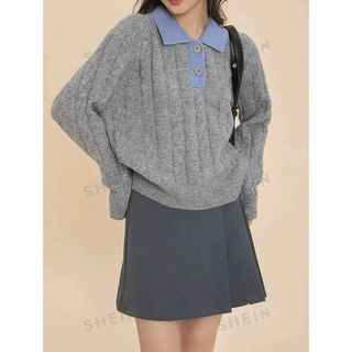 SHEIN - 【新品】SHEIN ポロネック ドロップショルダー ケーブルニット セーター