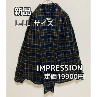 4028☆ IMPRESSION☆ネイビー系チェック柄☆ボウタイブラウス