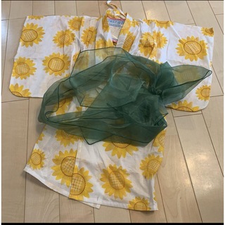 新品　浴衣　帯付き　浴衣セット　ホワイト　黄色い　ひまわり　110 花柄(甚平/浴衣)