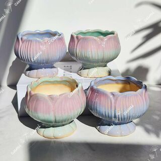 韓国   4個セット 蓮の花ラメ加工 かわいい 窯変 植木鉢 陶器鉢 多肉植物(プランター)