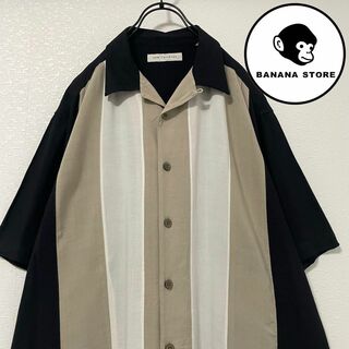 ビッグサイズ ラインシャツ オープンカラー 黒 白 ベージュ 90's レーヨン(Tシャツ/カットソー(半袖/袖なし))