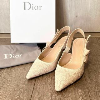 クリスチャンディオール(Christian Dior)のクリスチャンディオール　スリングバック　パンプス　レース生地　ピンク　リボン(ハイヒール/パンプス)