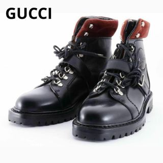 グッチ(Gucci)のグッチ　スエード切り替え　ロゴ　ベルトストラップ　レースアップブーツ　6.5(ブーツ)