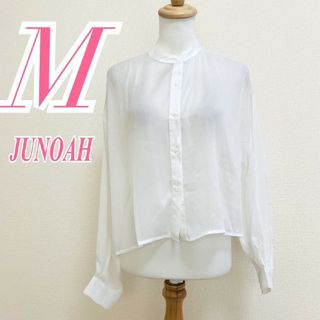 ジュノア(JUNOAH)のジュノア　長袖ブラウス　M　ホワイト　ノーカラー　シアー　ポリ100%(シャツ/ブラウス(長袖/七分))