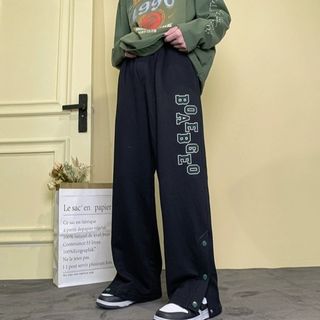 XL ユニセックス 黒 パンツ ワイドパンツ ヒップホップ 韓国 サイドボタン