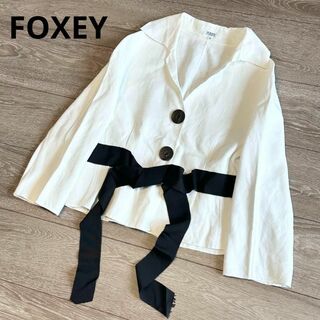 フォクシー(FOXEY)のフォクシー　リネン　テーラードジャケット　リボン付き　ブレザー　ホワイト　40(テーラードジャケット)