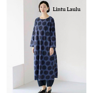 新品 ナチュラン Lintu Laulu ドットプリント ワンピース ネイビー(ロングワンピース/マキシワンピース)