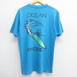 オーシャンパシフィック(OCEAN PACIFIC)のL★古着 オーシャンパシフィック OP 半袖 ビンテージ Tシャツ メンズ 90年代 90s ビッグロゴ サーフィン コットン クルーネック 水色 24may28 中古(Tシャツ/カットソー(半袖/袖なし))