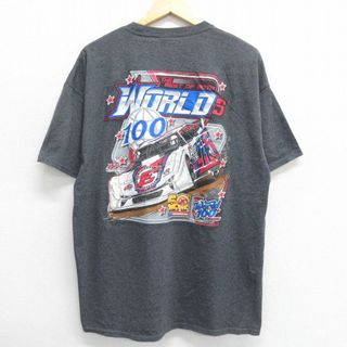 XL★古着 半袖 ビンテージ Tシャツ メンズ 00年代 00s レーシングカー 大きいサイズ クルーネック 濃グレー 霜降り 24may28 中古(Tシャツ/カットソー(半袖/袖なし))