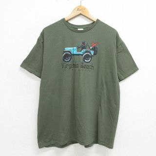 XL★古着 半袖 Tシャツ メンズ 車 犬 コットン クルーネック 濃緑 グリーン 24may28 中古(Tシャツ/カットソー(半袖/袖なし))