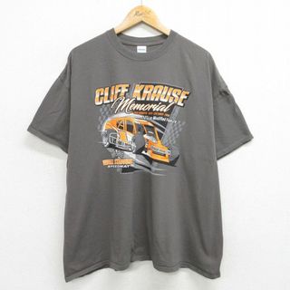 XL★古着 半袖 Tシャツ メンズ レーシングカー 大きいサイズ コットン クルーネック 濃グレー 24may28 中古(Tシャツ/カットソー(半袖/袖なし))