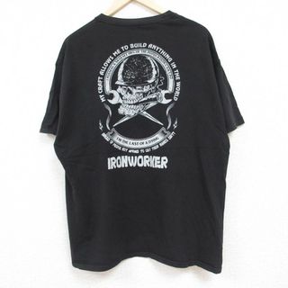 ヘインズ(Hanes)のXL★古着 ヘインズ Hanes 半袖 Tシャツ メンズ IRONWORKER スカル コットン クルーネック 黒 ブラック 24may28 中古(Tシャツ/カットソー(半袖/袖なし))