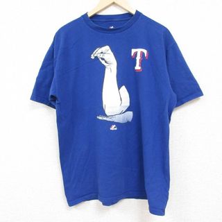 マジェスティック(Majestic)のXL★古着 マジェスティック 半袖 Tシャツ メンズ MLB テキサスレンジャーズ コットン クルーネック 青 ブルー メジャーリーグ ベースボール 野球 24may28 中古(Tシャツ/カットソー(半袖/袖なし))