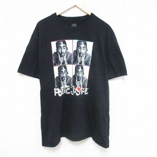 XL★古着 半袖 Tシャツ メンズ 映画 ポエティックジャスティス トゥパック 2パック 2PAC 大きいサイズ ロング丈 コットン クルーネック 黒 ブラック 24may28 中古(Tシャツ/カットソー(半袖/袖なし))