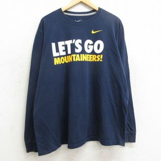 ナイキ(NIKE)のXL★古着 ナイキ NIKE 長袖 Tシャツ メンズ ワンポイントロゴ LETS GO 大きいサイズ コットン クルーネック 紺 ネイビー 24may28 中古(Tシャツ/カットソー(半袖/袖なし))