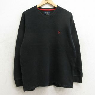 ラルフローレン(Ralph Lauren)のXL★古着 ラルフローレン Ralph Lauren 長袖 ブランド サーマル Tシャツ メンズ ワンポイントロゴ 大きいサイズ コットン クルーネック 黒 ブラック 24may28 中古(Tシャツ/カットソー(半袖/袖なし))