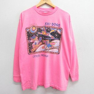 XL★古着 オニータ ONEITA 長袖 ビンテージ Tシャツ メンズ 90年代 90s SKI DOGS コットン クルーネック USA製 ピンク 24may28 中古(Tシャツ/カットソー(半袖/袖なし))