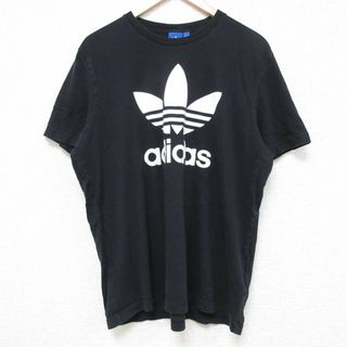 アディダス(adidas)のL★古着 アディダス adidas 半袖 ブランド Tシャツ メンズ ビッグロゴ リーフ トレフォイル クルーネック 黒 ブラック 24may28 中古(Tシャツ/カットソー(半袖/袖なし))