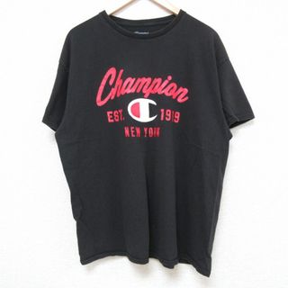 チャンピオン(Champion)のXL★古着 チャンピオン Champion 半袖 ブランド Tシャツ メンズ ビッグロゴ コットン クルーネック 黒 ブラック 24may28 中古(Tシャツ/カットソー(半袖/袖なし))