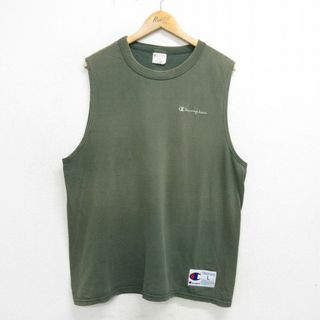 チャンピオン(Champion)のXL★古着 チャンピオン champion ノースリーブ ビンテージ Tシャツ メンズ 00年代 00s ワンポイントロゴ 大きいサイズ コットン クルーネック 緑系 グリーン 24may28 中古(タンクトップ)