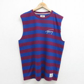 トミーヒルフィガー(TOMMY HILFIGER)のXL★古着 トミーヒルフィガー TOMMY HILFIGER ノースリーブ ブランド Tシャツ メンズ ワンポイントロゴ コットン クルーネック エンジ他 ボーダー 24may28 中古(タンクトップ)