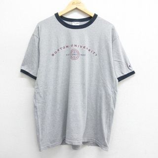 チャンピオン(Champion)のXL★古着 チャンピオン champion 半袖 ビンテージ Tシャツ メンズ 00年代 00s ボストン大学 カレッジ 大きいサイズ コットン クルーネック グレー 霜降り他 リンガー 24may28 中古(Tシャツ/カットソー(半袖/袖なし))