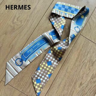 エルメス(Hermes)のエルメス　ツイリー　コリエドシアン　チェッカー柄　ベージュ系　シルクスカーフ(バンダナ/スカーフ)