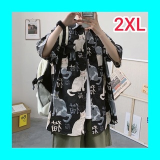 柄シャツ 半袖 2XL 黒 猫 プリント メンズ カジュアル オーバーサイズ (シャツ)